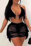 Sexy Fringed Trim Backless Sleeveless Lace Up Halter Beach Cami Sole and Shorts Set