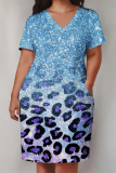 Casual Sequined Gradient Print V Neck Pocket Plus Size T-shirt Midi Dresses