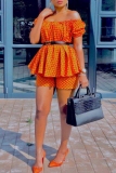 Casual Wave Print Off Shoulder Short Sleeve Pleated Hem Blouse And Shorts Two Pieces Shorts Sets