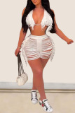 Rose Red Sexy Solid Tassel Bandage Hollowed Out Patchwork Swimwears