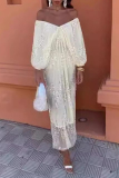 Sexy Sequins V Neck Puff Sleeves One Shoulder One Step Skirt Lace Formal Vacation Maxi Dresse