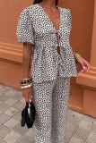 Casual Polka Dot V Neck Hubble-Bubble Sleeve Blouse And Wide Leg Pants Lace Up Vacation Two Pieces Trouser Sets