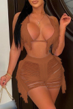 Sexy Fringed Trim Backless Sleeveless Lace Up Halter Beach Cami Sole and Shorts Set
