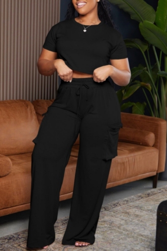 Casual O Neck Short Sleeve Crop Tops And Wide Leg Pants Pocket Two Pieces Trouser Sets