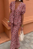 Casual Polka Dot V Neck Hubble-Bubble Sleeve Blouse And Wide Leg Pants Lace Up Vacation Two Pieces Trouser Sets