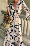 Casual Geometric Print U Neck Flare Sleeve Ruffle Hem Lace Up A Line Vacation Maxi Dresses