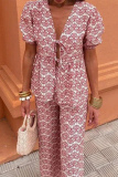 Casual Polka Dot V Neck Hubble-Bubble Sleeve Blouse And Wide Leg Pants Lace Up Vacation Two Pieces Trouser Sets