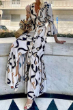 Casual Geometric Print U Neck Flare Sleeve Ruffle Hem Lace Up A Line Vacation Maxi Dresses