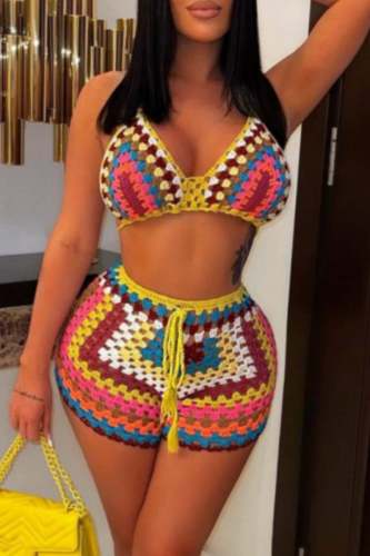 Pink Knit Sleeveless Backless Crop Bra Top and Shorts Vacation Beach Bikinis Set