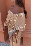 Sexy Sequins V Neck Puff Sleeves One Shoulder One Step Skirt Lace Formal Vacation Maxi Dresse