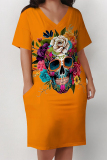 Casual Skull Letter Print V Neck Short Sleeve Pocket Plus Size T-shirt Midi Dresses