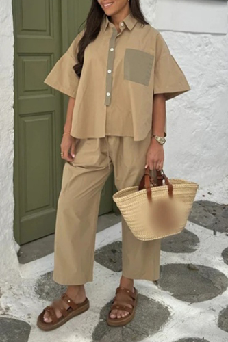 Casual Turndown Collar Short Sleeve Pocket Baggy Shirt Tops And Pants Two Pieces Trouser Sets