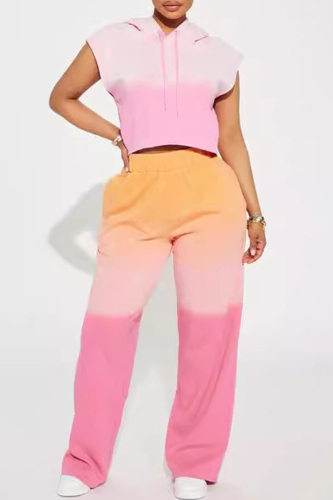 Sportwear Street Gradient Print  Small Flying Sleeve Draw String Pocket Hooded Crop Tops And Straight Leg Two Pieces Trouser Sets