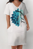 Casual Skull Letter Print V Neck Short Sleeve Pocket Plus Size T-shirt Midi Dresses