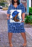 Casual Graphics Print V Neck Short Sleeve Short Sleeve Pockets Plus Size T-shirt Midi Dresses