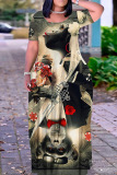 Casual Annimal Print O Neck Short Sleeves Floor Length Long Plus Size Vacation Baggy Maxi Dresses