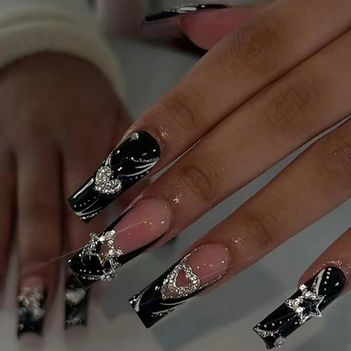 Casual The stars Heart Shaped Diamond Decor Press on Nails Long Square Head Fake Nails