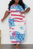 Casual Flag Star Print Slit O Neck Short Sleeve Long Plus Size Baggy Vacation T-shirt Maxi Dresses For Independence Day