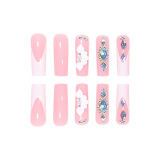 Casual Rhinestone Decor Press on Nails Artificail Extra Long French Square Fake Nails Crystal Flowers Nails