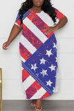Casual Flag Star Print Slit O Neck Short Sleeve Long Plus Size Baggy Vacation T-shirt Maxi Dresses For Independence Day