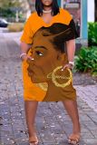 Casual Figure Print Basic V Neck Short Sleeve Plus Size T-shirt Midi Dresses