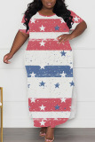 Casual Flag Star Print Slit O Neck Short Sleeve Long Plus Size Baggy Vacation T-shirt Maxi Dresses For Independence Day