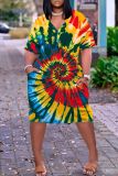 Casual Tie Dye Print V Neck Short Sleeve Pockets Plus Size T-shirt Midi Dresses