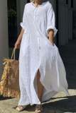 Casual V Neck Long Sleeve Buttons Vacation Long Loose Vacation Maxi Shirts Dress