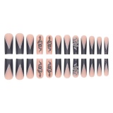 Casual Rhinestone Decor Long Square Head Fake Nails Black French False Nail Tips with Snake Charms Design Extra Long French Tip Acrylic