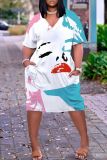 Casual Graphics Print V Neck Short Sleeve Short Sleeve Pockets Plus Size T-shirt Midi Dresses
