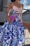 Sexy Floral Print V Neck Sleeveless Cami Crop Tops And Ruffle Tiered Hem Maxi Skirt Vacation Two Pieces Dress Sets