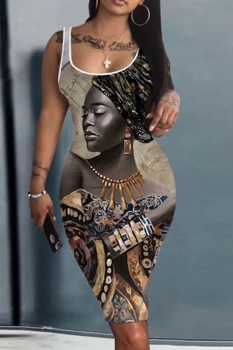 Casual Graphics Print Basic Sleeveless U Neck Vest Bodycon Midi Tank Dresses