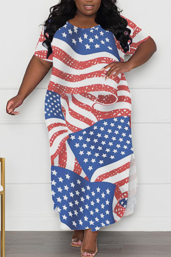 Casual Flag Star Print Slit O Neck Short Sleeve Long Plus Size Baggy Vacation T-shirt Maxi Dresses For Independence Day