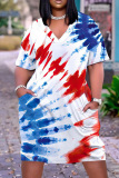 Casual Tie Dye Print V Neck Short Sleeve Pockets Plus Size T-shirt Midi Dresses