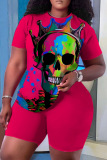 Casual Skull Head Print O Neck Short Sleeve Oversize T-shirt And Shorts Two Pieces Shorts Sets