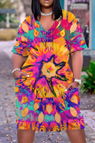 Casual Tie Dye Print V Neck Short Sleeve Pockets Plus Size T-shirt Midi Dresses