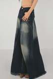 Casual High Waist Raw Hem A Line Distressed Denim Maxi Skirts