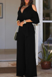 Casual V Neck Half Sleeve Clod Shoulder Hollow Out Lace Up Cinch Waist Formal Office Lady Wide Leg Jumpsuits