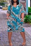 Casual Graphics Print V Neck Short Sleeve Pockets Plus Size T-shirt Midi Dresses