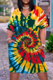 Casual Tie Dye Print V Neck Short Sleeve Pockets Plus Size T-shirt Midi Dresses