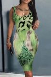 Casual Tie Dye Print U Neck Sleeveless Bodycon Midi Tank Dresse