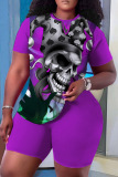 Casual Skull Head Print O Neck Short Sleeve Oversize T-shirt And Shorts Two Pieces Shorts Sets