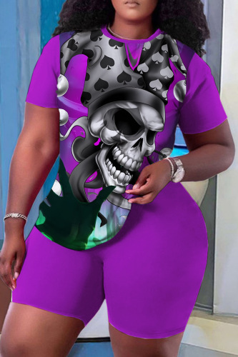 Casual Skull Head Print O Neck Short Sleeve Oversize T-shirt And Shorts Two Pieces Shorts Sets