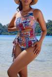 Sexy Boho Print Backless Hollow Out Lace Up One Pieces Swimsuit Beach Vacation Swimwears