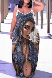 Sexy Figure Print Backless Spaghetti Strap Sleeveless Floor Length Long Baggy Vacation Maxi Slip Dresses