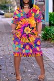 Casual Tie Dye Print V Neck Short Sleeve Pockets Plus Size T-shirt Midi Dresses