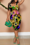 Casual Graphics Print Sleevless U Neck Vest Bodycon Midi Tank Dresses