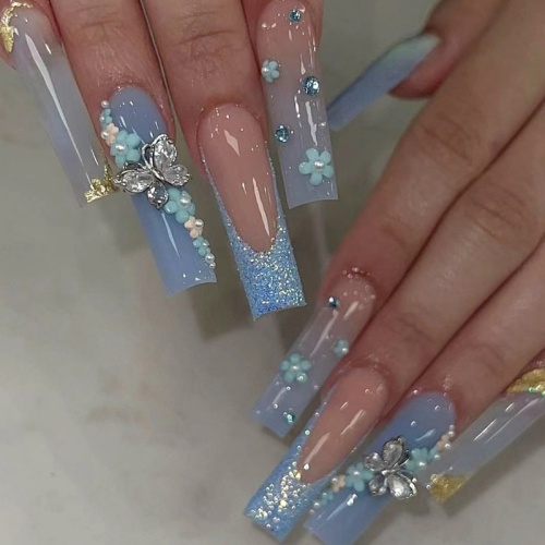 Casual  3D Butterfly And Flower Designs French Tip Press On Nails Long Square Fake Nails Blue Gradient Glue On Nails