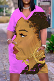 Casual Figure Print Basic V Neck Short Sleeve Plus Size T-shirt Midi Dresses
