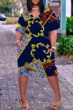 Casual Graphics Print V Neck Short Sleeve Pockets Plus Size T-shirt Midi Dresses